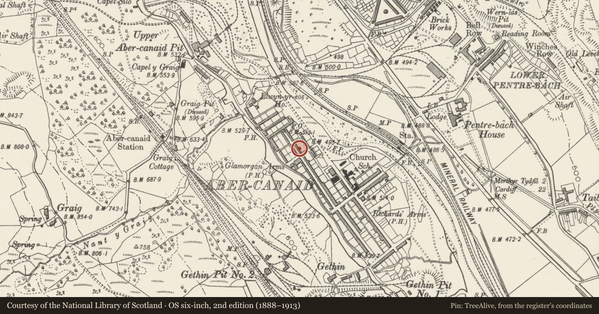 Ordnance Survey six-inch map, 2nd edition (1888–1913) covering the location of 10 Nightingale Street, Troed-y-Rhiw, Merthyr Tydfil, with a pin at the register's coordinates