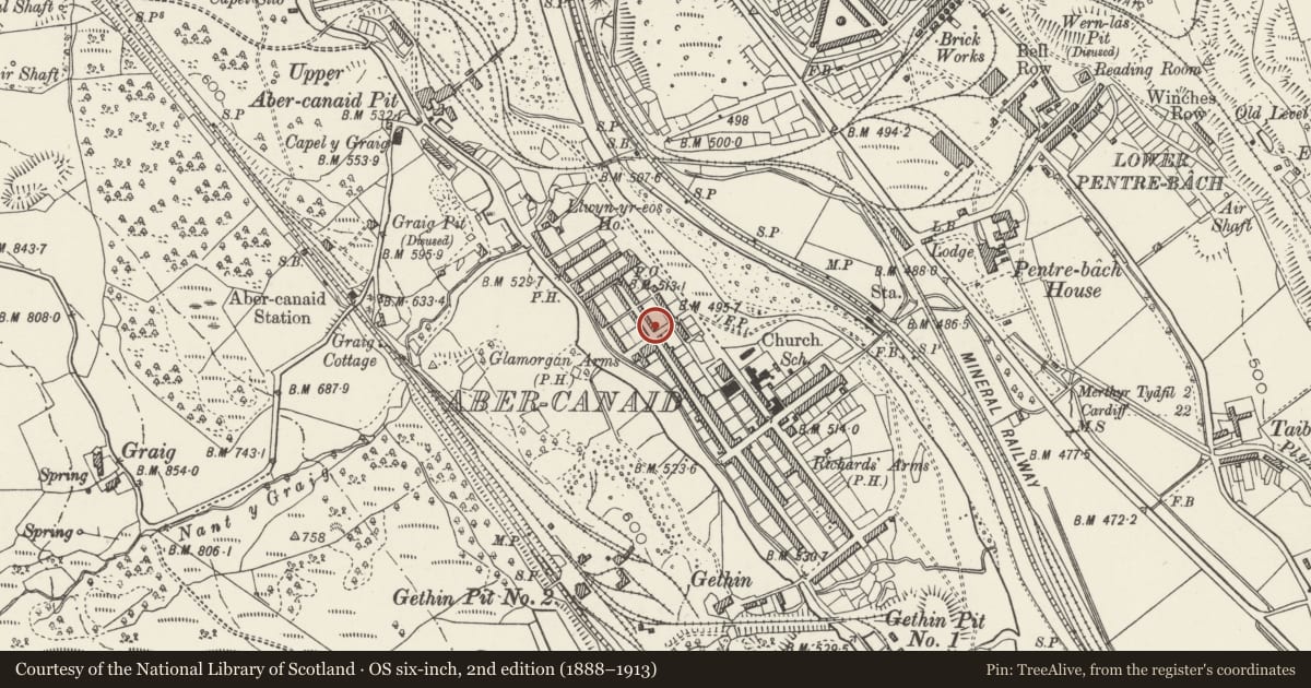 Ordnance Survey six-inch map, 2nd edition (1888–1913) covering the location of 11 Nightingale Street, Troed-y-Rhiw, Merthyr Tydfil, with a pin at the register's coordinates