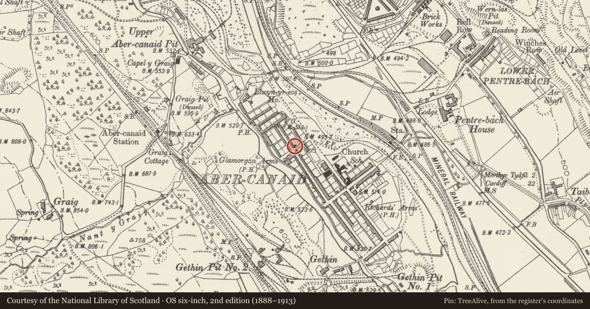 Ordnance Survey six-inch map, 2nd edition (1888–1913) covering the location of 12 Nightingale Street, Troed-y-Rhiw, Merthyr Tydfil, with a pin at the register's coordinates