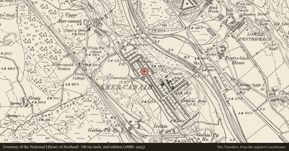 Ordnance Survey six-inch map, 2nd edition (1888–1913) covering the location of 71 Nightingale Street, Troed-y-Rhiw, Merthyr Tydfil, with a pin at the register's coordinates