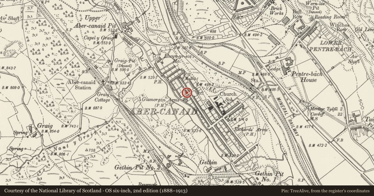Ordnance Survey six-inch map, 2nd edition (1888–1913) covering the location of 72 Nightingale Street, Troed-y-Rhiw, Merthyr Tydfil, with a pin at the register's coordinates