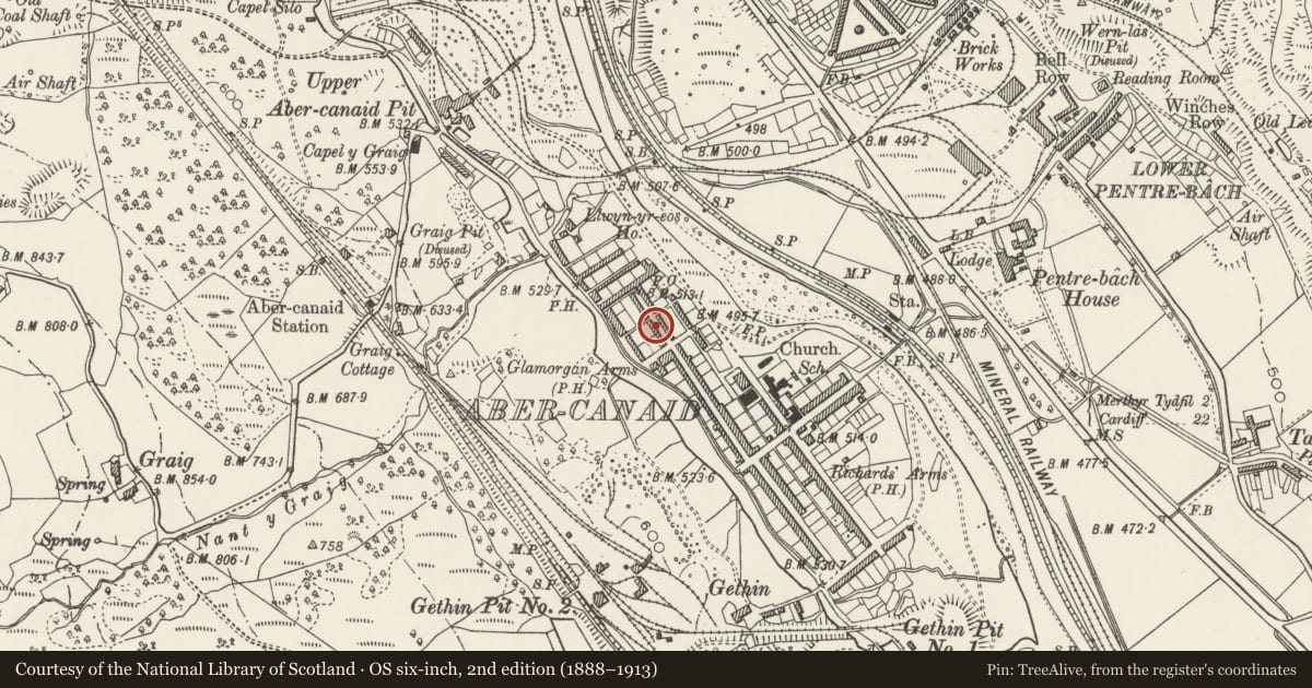 Ordnance Survey six-inch map, 2nd edition (1888–1913) covering the location of 74 Nightingale Street, Troed-y-Rhiw, Merthyr Tydfil, with a pin at the register's coordinates