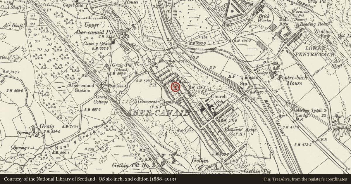 Ordnance Survey six-inch map, 2nd edition (1888–1913) covering the location of 77 Nightingale Street, Troed-y-Rhiw, Merthyr Tydfil, with a pin at the register's coordinates