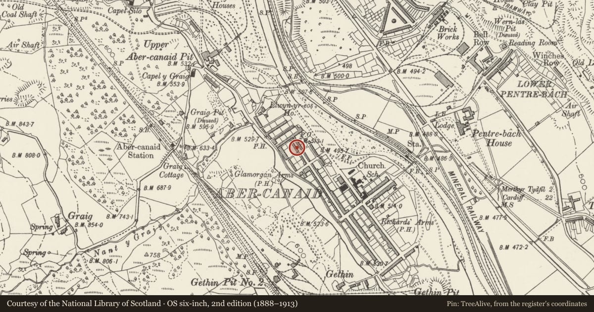 Ordnance Survey six-inch map, 2nd edition (1888–1913) covering the location of 78 Nightingale Street, Troed-y-Rhiw, Merthyr Tydfil, with a pin at the register's coordinates
