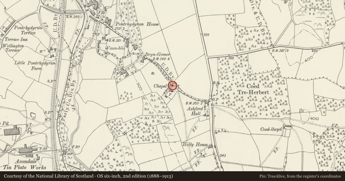 Ordnance Survey six-inch map, 2nd edition (1888–1913) covering the location of Enclosure railings, walls, gatepiers and Memorials at the Conway Burial Yard, Croesyceiliog, Torfaen, with a pin at the register's coordinates