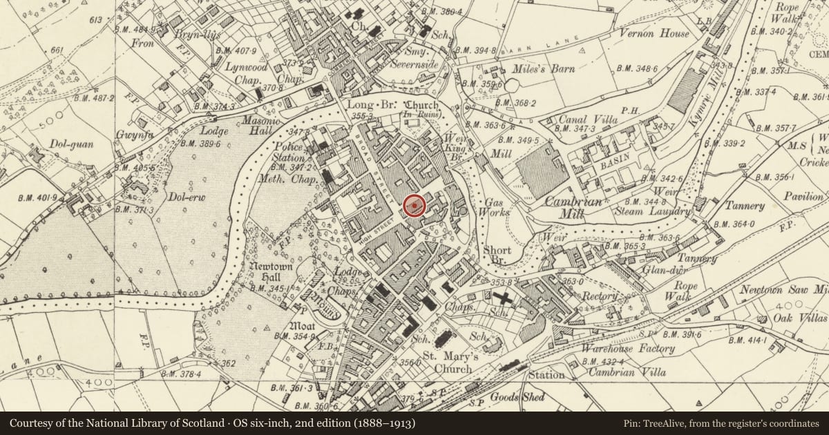 Ordnance Survey six-inch map, 2nd edition (1888–1913) covering the location of The Sportsman P.H, Newtown and Llanllwchaiarn, Powys, with a pin at the register's coordinates