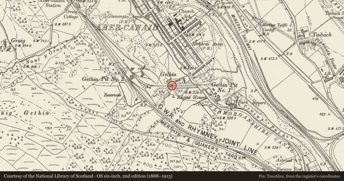 Ordnance Survey six-inch map, 2nd edition (1888–1913) covering the location of Gethin Tramway Bridge, Troed-y-Rhiw, Merthyr Tydfil, with a pin at the register's coordinates