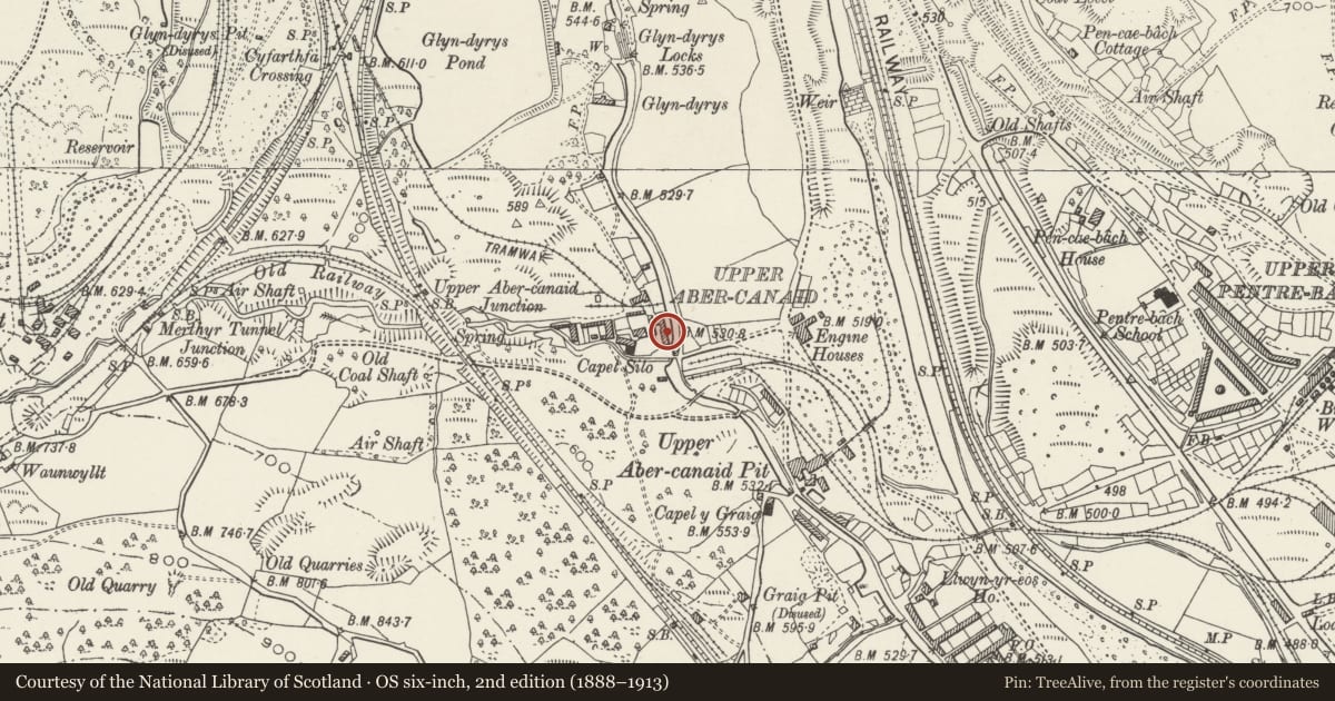 Ordnance Survey six-inch map, 2nd edition (1888–1913) covering the location of 4 Quay Row, Troed-y-Rhiw, Merthyr Tydfil, with a pin at the register's coordinates