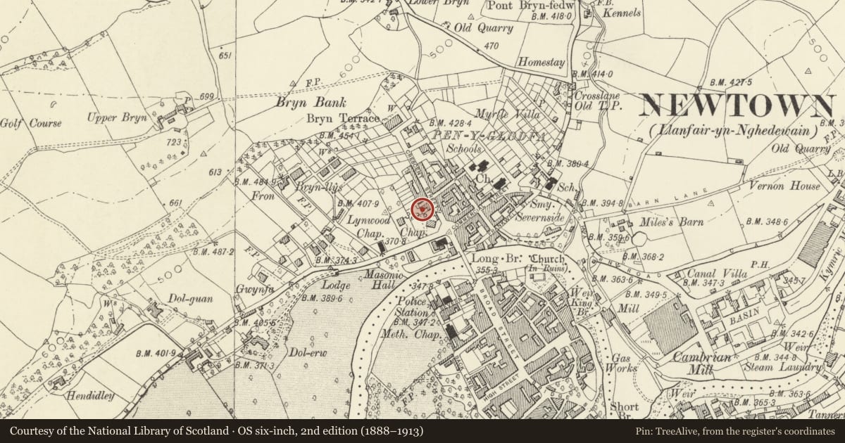 Ordnance Survey six-inch map, 2nd edition (1888–1913) covering the location of 1 Union Street, Newtown and Llanllwchaiarn, Powys, with a pin at the register's coordinates