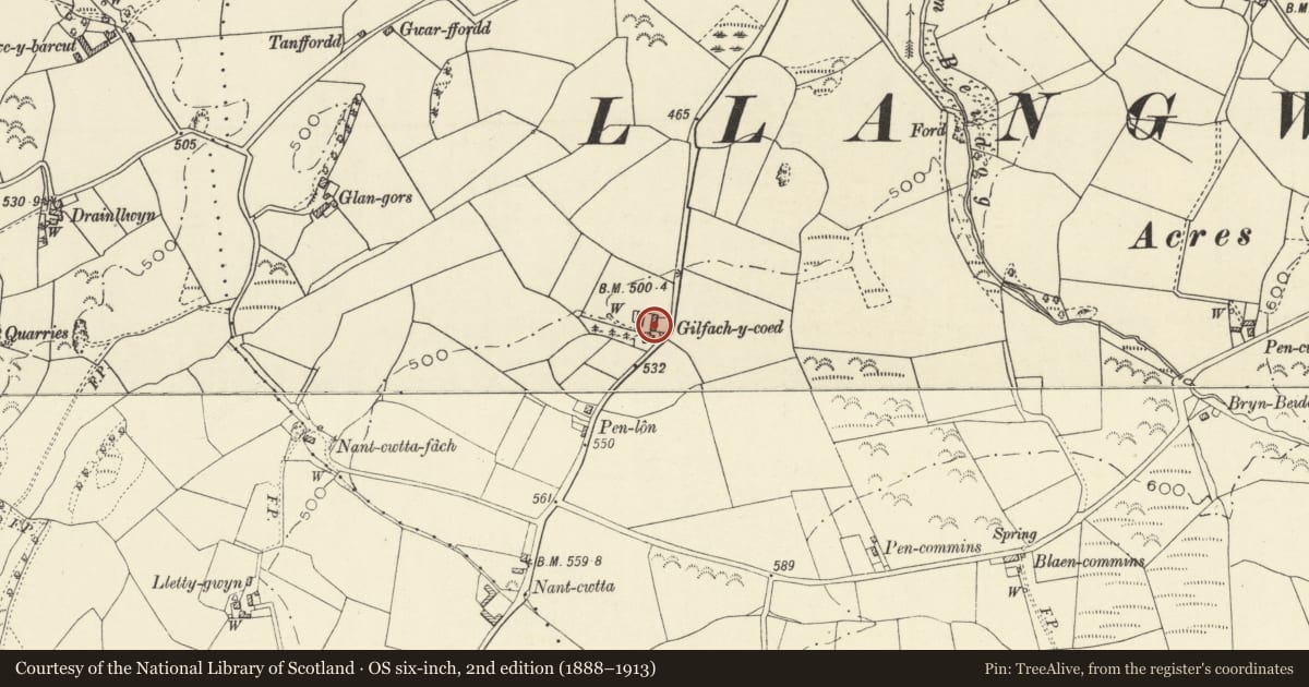 Ordnance Survey six-inch map, 2nd edition (1888–1913) covering the location of Gilfachgoed, Llangwyryfon, Ceredigion, with a pin at the register's coordinates