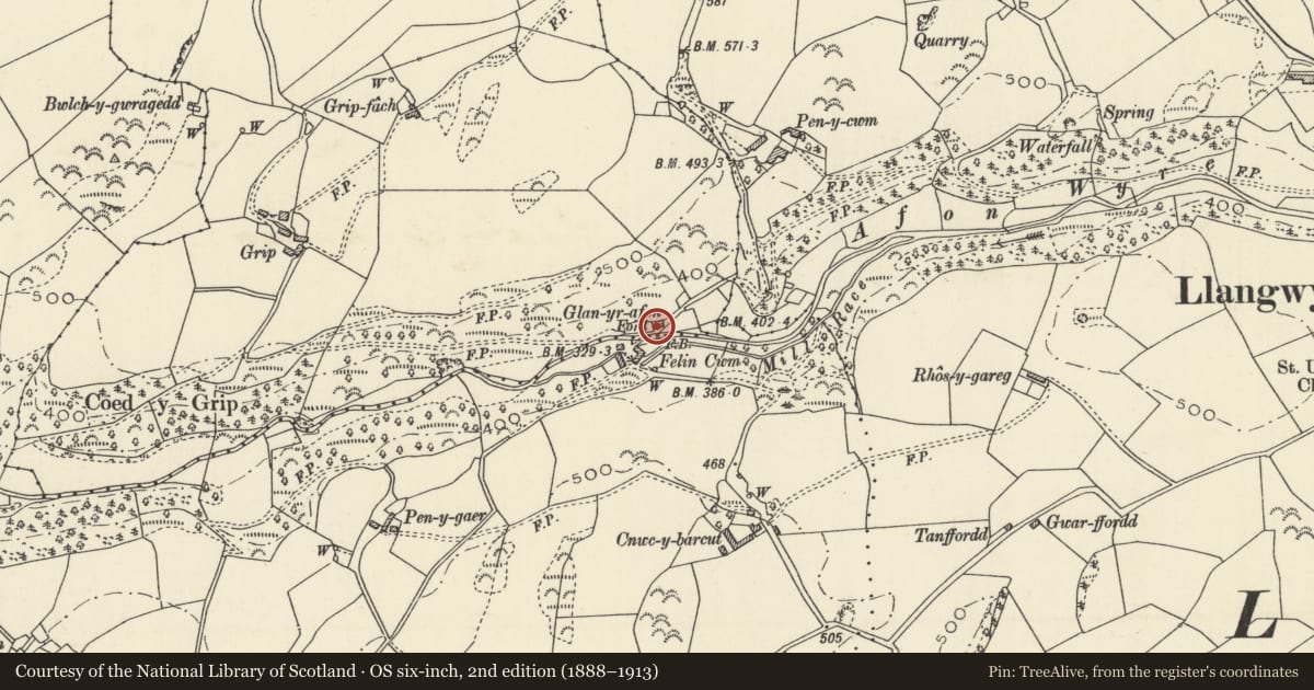 Ordnance Survey six-inch map, 2nd edition (1888–1913) covering the location of Glanyrafon, Llangwyryfon, Ceredigion, with a pin at the register's coordinates
