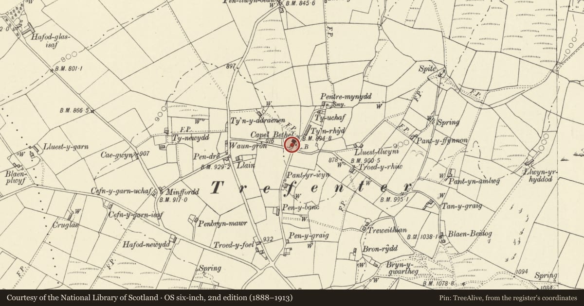 Ordnance Survey six-inch map, 2nd edition (1888–1913) covering the location of Ty Capel, Llangwyryfon, Ceredigion, with a pin at the register's coordinates