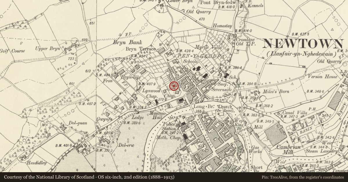 Ordnance Survey six-inch map, 2nd edition (1888–1913) covering the location of 2 Union Street, Newtown and Llanllwchaiarn, Powys, with a pin at the register's coordinates