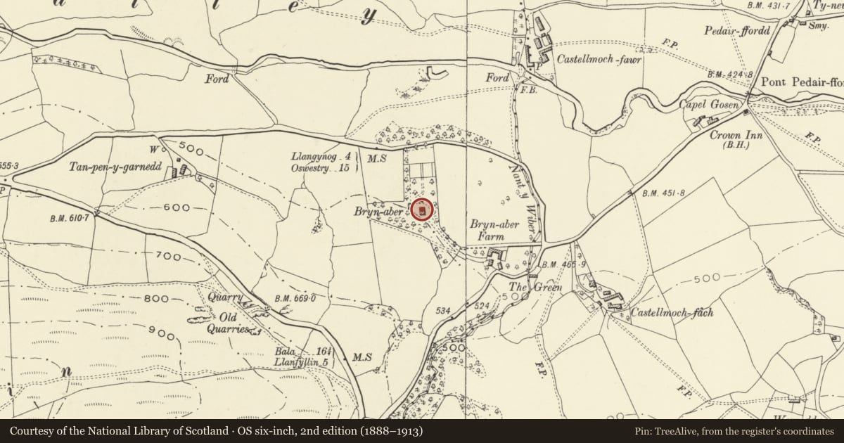 Ordnance Survey six-inch map, 2nd edition (1888–1913) covering the location of Bryn Aber Hall, Llanrhaeadr-ym-Mochnant, Powys, with a pin at the register's coordinates