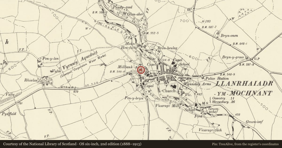 Ordnance Survey six-inch map, 2nd edition (1888–1913) covering the location of Castle Building, Llanrhaeadr-ym-Mochnant, Powys, with a pin at the register's coordinates