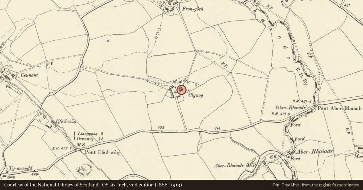 Ordnance Survey six-inch map, 2nd edition (1888–1913) covering the location of Clynog farmhouse (or Celynog), Llanrhaeadr-ym-Mochnant, Powys, with a pin at the register's coordinates