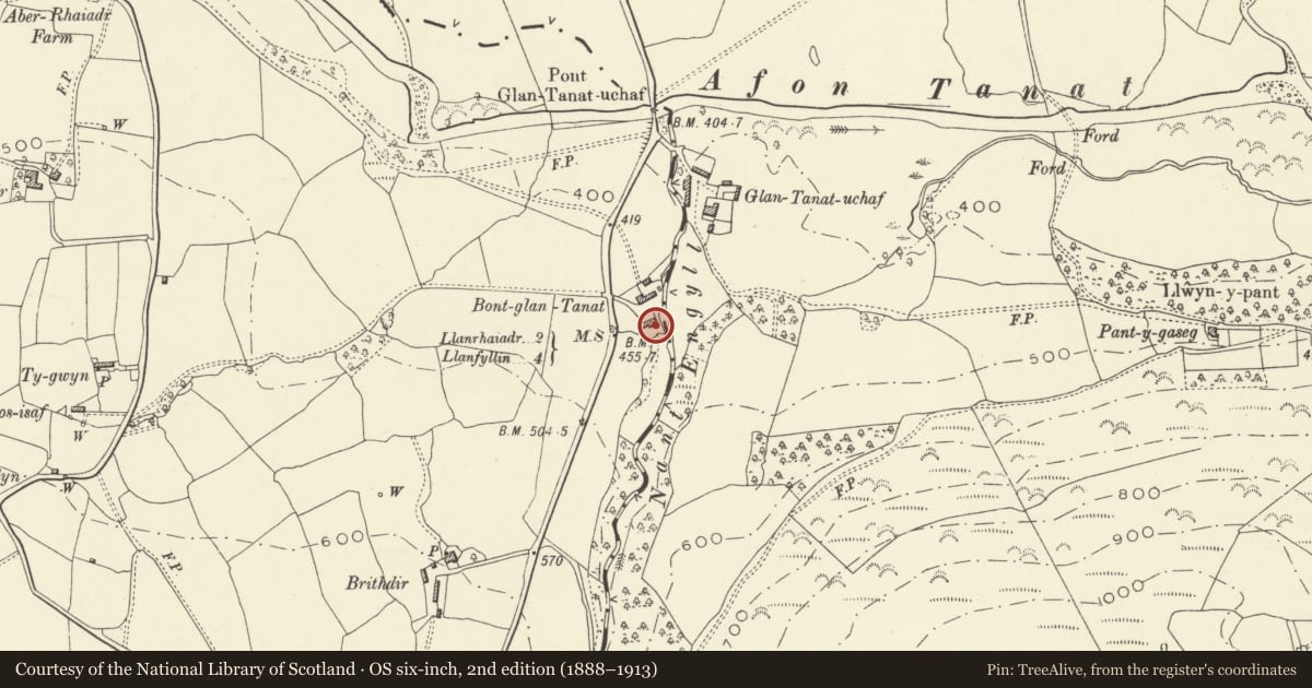 Ordnance Survey six-inch map, 2nd edition (1888–1913) covering the location of Detached Agricultural Range to the south of Bontglantanat Farmhouse, Llanrhaeadr-ym-Mochnant, Powys, with a pin at the register's coordinates
