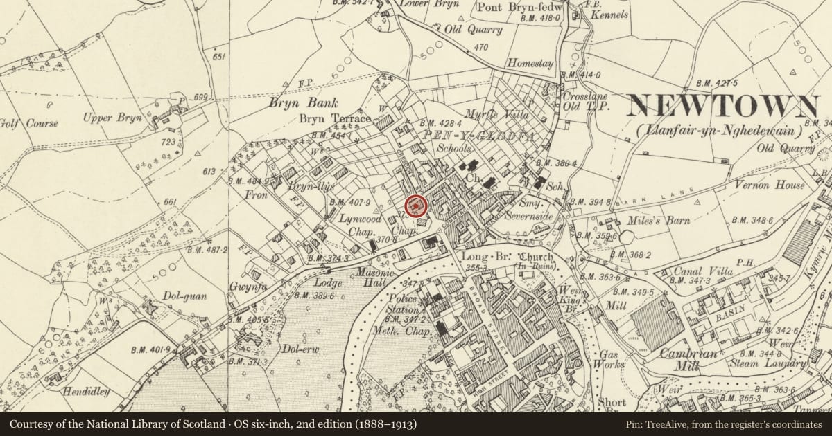 Ordnance Survey six-inch map, 2nd edition (1888–1913) covering the location of 3 Union Street, Newtown and Llanllwchaiarn, Powys, with a pin at the register's coordinates