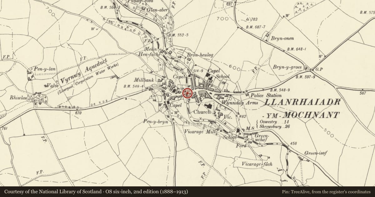 Ordnance Survey six-inch map, 2nd edition (1888–1913) covering the location of Llanrhaeadr-ym-Mochnant Bridge, Powys, with a pin at the register's coordinates