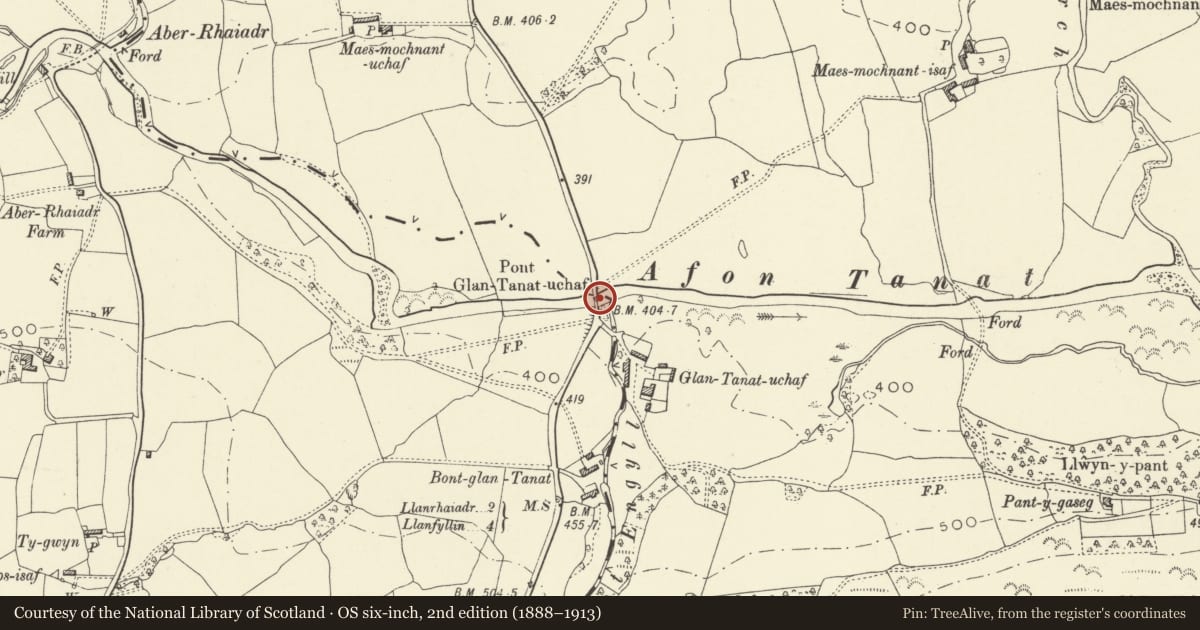 Ordnance Survey six-inch map, 2nd edition (1888–1913) covering the location of Pont Glantanat Uchaf, Llanrhaeadr-ym-Mochnant, Powys, with a pin at the register's coordinates