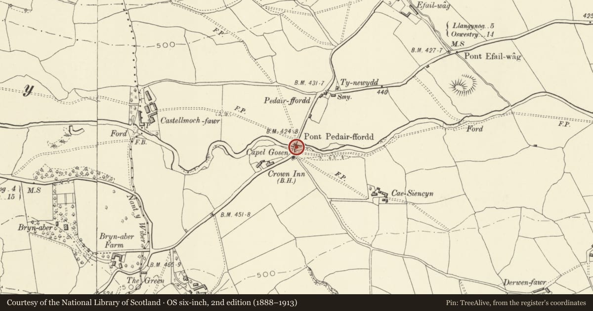 Ordnance Survey six-inch map, 2nd edition (1888–1913) covering the location of Pont Pedair-ffordd, Llanrhaeadr-ym-Mochnant, Powys, with a pin at the register's coordinates