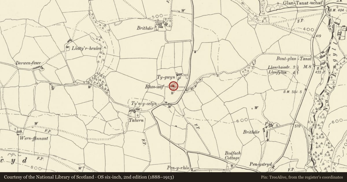 Ordnance Survey six-inch map, 2nd edition (1888–1913) covering the location of Rhos-isaf Cottages, Llanrhaeadr-ym-Mochnant, Powys, with a pin at the register's coordinates