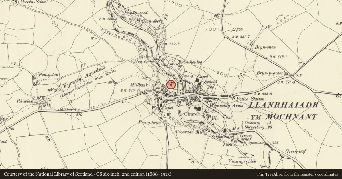 Ordnance Survey six-inch map, 2nd edition (1888–1913) covering the location of The Waterloo Stone, Llanrhaeadr-ym-Mochnant, Powys, with a pin at the register's coordinates