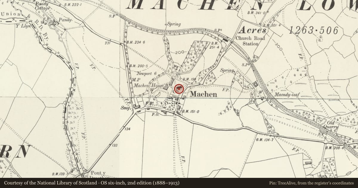 Ordnance Survey six-inch map, 2nd edition (1888–1913) covering the location of Churchyard cross at the Church of St Michael, Graig, Newport, with a pin at the register's coordinates