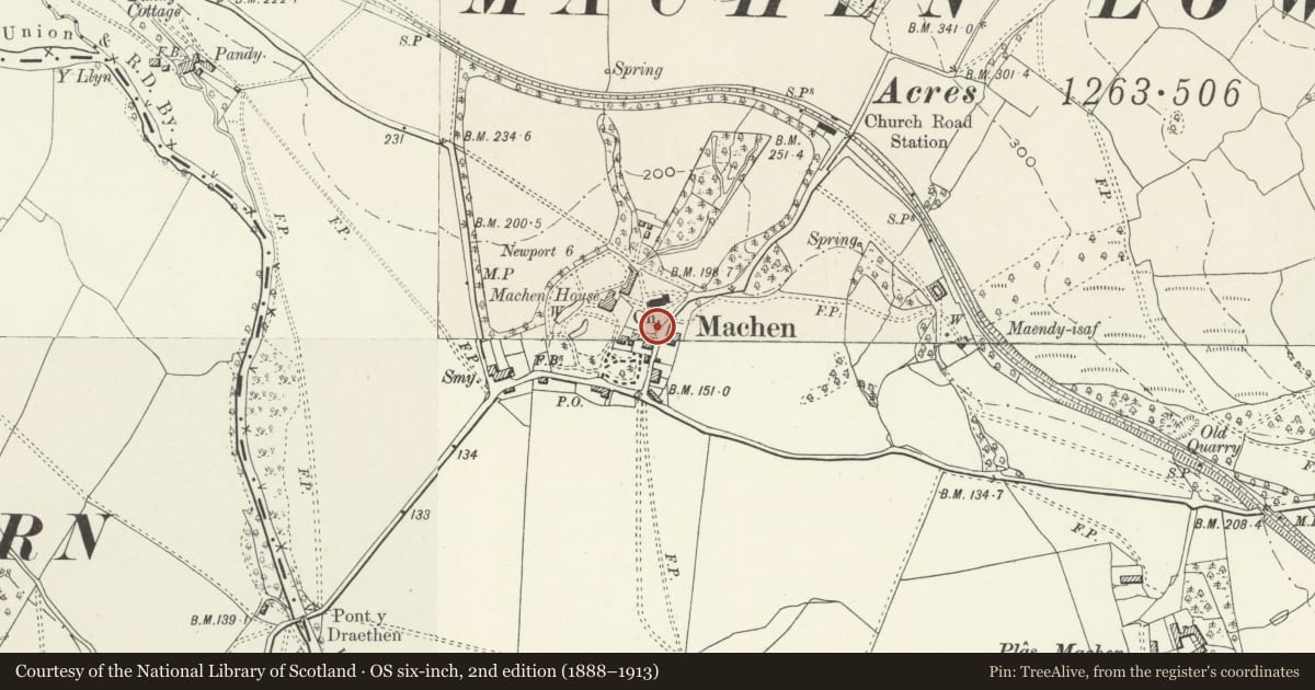 Ordnance Survey six-inch map, 2nd edition (1888–1913) covering the location of Churchyard gates and piers to the Church of St Michael, Graig, Newport, with a pin at the register's coordinates