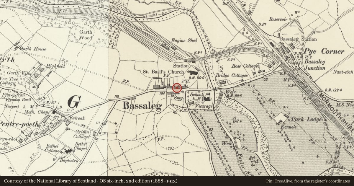 Ordnance Survey six-inch map, 2nd edition (1888–1913) covering the location of Coach House to W of the Tredegar Arms Inn, Graig, Newport, with a pin at the register's coordinates