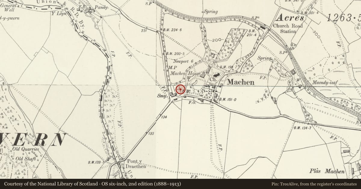 Ordnance Survey six-inch map, 2nd edition (1888–1913) covering the location of Garden walls to S, W and N of Nantygarth, Graig, Newport, with a pin at the register's coordinates