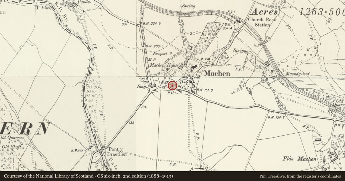 Ordnance Survey six-inch map, 2nd edition (1888–1913) covering the location of Gatepiers, gate and garden walls to Machen House, Graig, Newport, with a pin at the register's coordinates