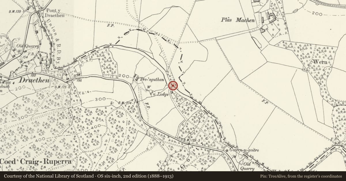 Ordnance Survey six-inch map, 2nd edition (1888–1913) covering the location of Iron Bridge over River Rhymney (partly in Rudry community), Graig, Newport, with a pin at the register's coordinates
