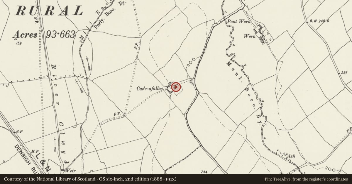 Ordnance Survey six-inch map, 2nd edition (1888–1913) covering the location of Caer'afallen, Ruthin, Denbighshire, with a pin at the register's coordinates