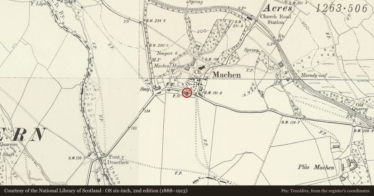 Ordnance Survey six-inch map, 2nd edition (1888–1913) covering the location of The Old Post, Graig, Newport, with a pin at the register's coordinates