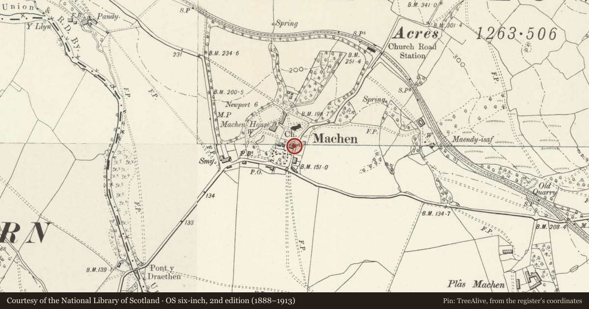 Ordnance Survey six-inch map, 2nd edition (1888–1913) covering the location of Trough and surround in wall to The Court, Graig, Newport, with a pin at the register's coordinates