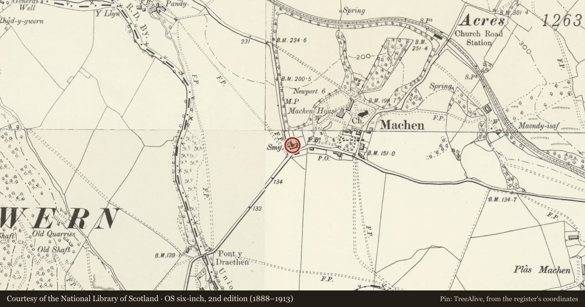 Ordnance Survey six-inch map, 2nd edition (1888–1913) covering the location of Volland House, The Forge, No 3 and Volland Cottage, Graig, Newport, with a pin at the register's coordinates