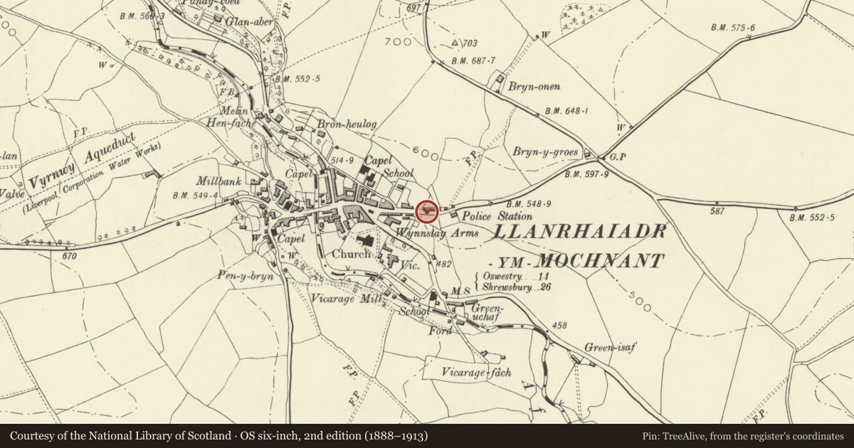 Ordnance Survey six-inch map, 2nd edition (1888–1913) covering the location of 10 Park Street including railings at front, Llanrhaeadr-ym-Mochnant, Powys, with a pin at the register's coordinates