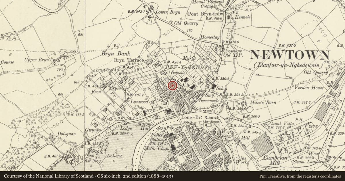 Ordnance Survey six-inch map, 2nd edition (1888–1913) covering the location of 20 Union Street (including 12 Bryn Street), Newtown and Llanllwchaiarn, Powys, with a pin at the register's coordinates