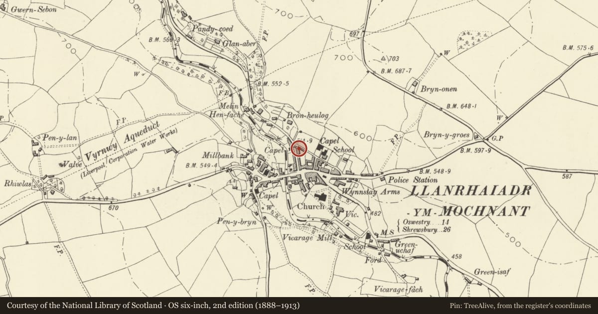 Ordnance Survey six-inch map, 2nd edition (1888–1913) covering the location of 11 Waterfall Street, Llanrhaeadr-ym-Mochnant, Powys, with a pin at the register's coordinates