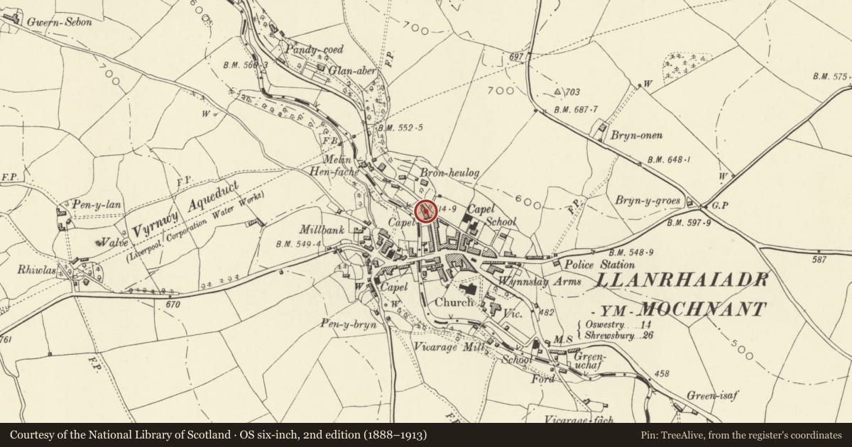 Ordnance Survey six-inch map, 2nd edition (1888–1913) covering the location of Arwelfa, Llanrhaeadr-ym-Mochnant, Powys, with a pin at the register's coordinates