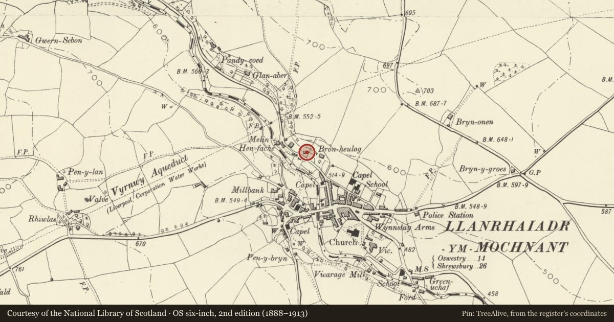 Ordnance Survey six-inch map, 2nd edition (1888–1913) covering the location of Bryn Tirion, Llanrhaeadr-ym-Mochnant, Powys, with a pin at the register's coordinates