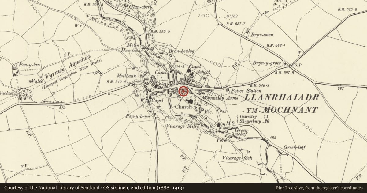 Ordnance Survey six-inch map, 2nd edition (1888–1913) covering the location of Enson House including railings at front, Llanrhaeadr-ym-Mochnant, Powys, with a pin at the register's coordinates