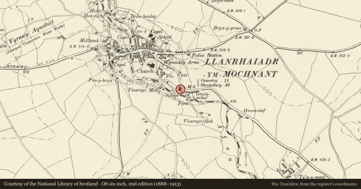 Ordnance Survey six-inch map, 2nd edition (1888–1913) covering the location of Former National School, Llanrhaeadr-ym-Mochnant, Powys, with a pin at the register's coordinates