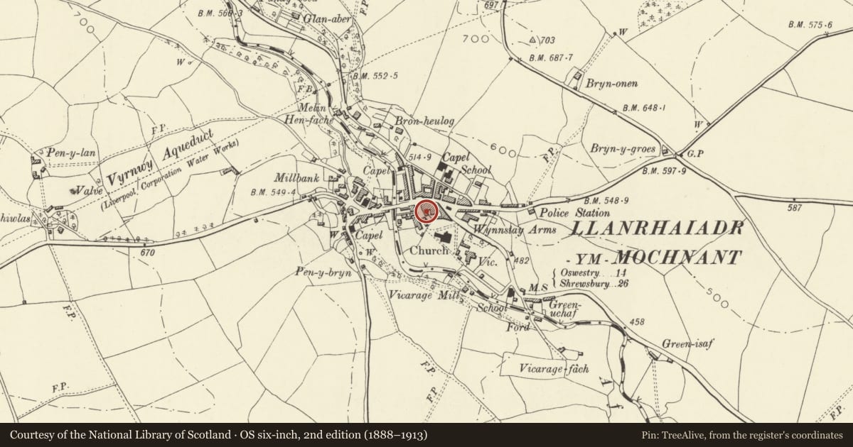 Ordnance Survey six-inch map, 2nd edition (1888–1913) covering the location of Hanmer House including railings at front, Llanrhaeadr-ym-Mochnant, Powys, with a pin at the register's coordinates