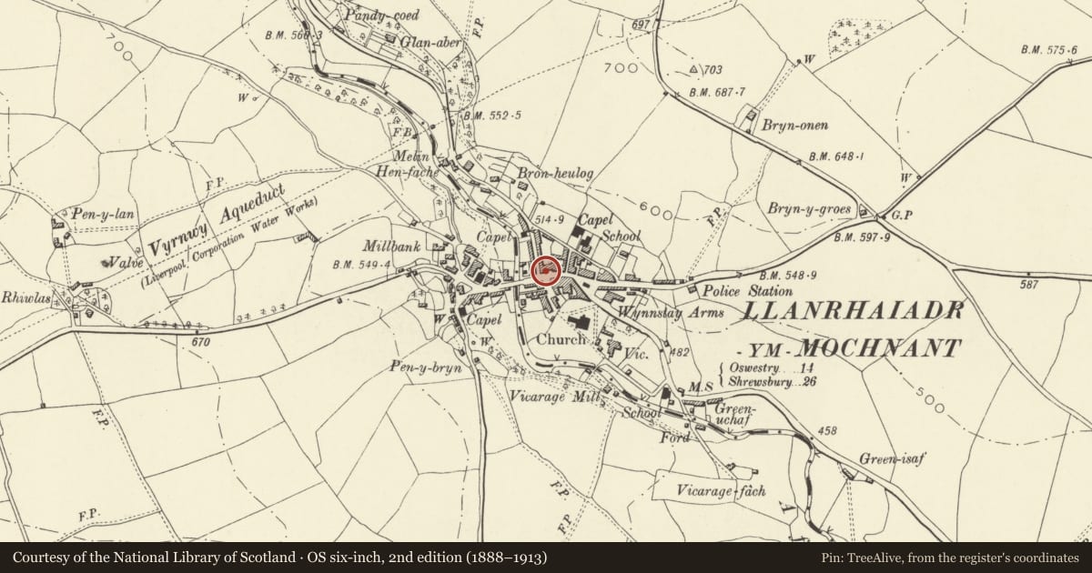 Ordnance Survey six-inch map, 2nd edition (1888–1913) covering the location of Haulfre Cottage and Shop ('Dragons') including railings at front, Llanrhaeadr-ym-Mochnant, Powys, with a pin at the register's coordinates
