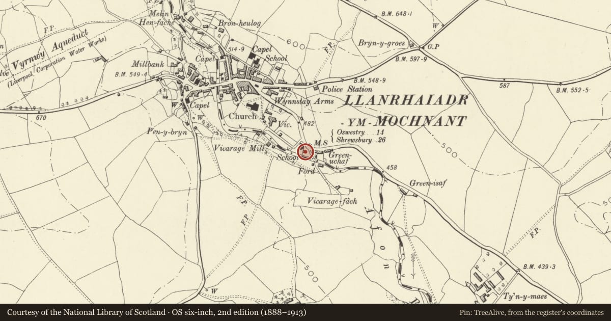 Ordnance Survey six-inch map, 2nd edition (1888–1913) covering the location of Honeysuckle Cottage (Former Master's House of Llanrhaiadr National School), Llanrhaeadr-ym-Mochnant, Powys, with a pin at the register's coordinates