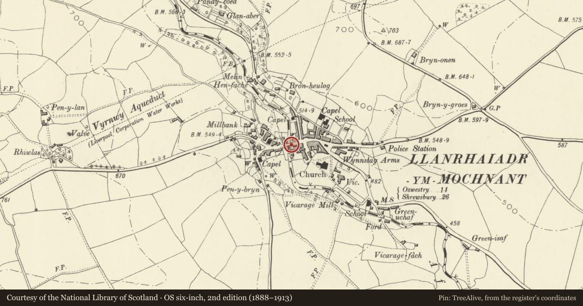 Ordnance Survey six-inch map, 2nd edition (1888–1913) covering the location of Llanrhaeadr-ym-Mochnant Bridge (partly in the Community of Llanrhaeadr-ym-Mochnant (South)), Powys, with a pin at the register's coordinates