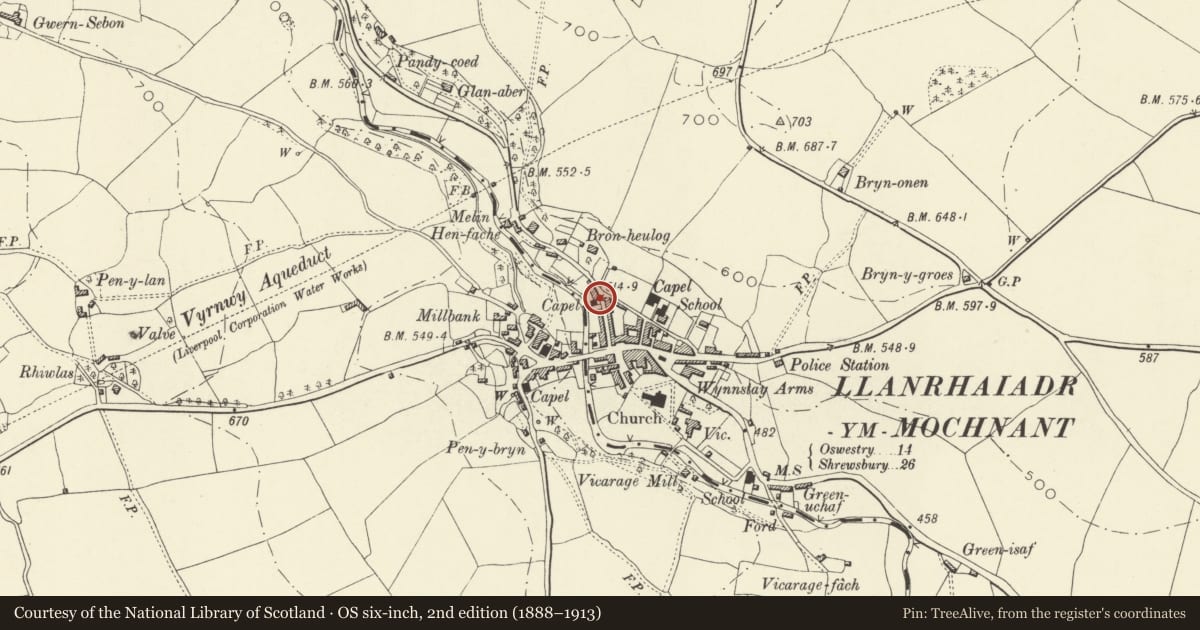 Ordnance Survey six-inch map, 2nd edition (1888–1913) covering the location of Lloran House, Llanrhaeadr-ym-Mochnant, Powys, with a pin at the register's coordinates