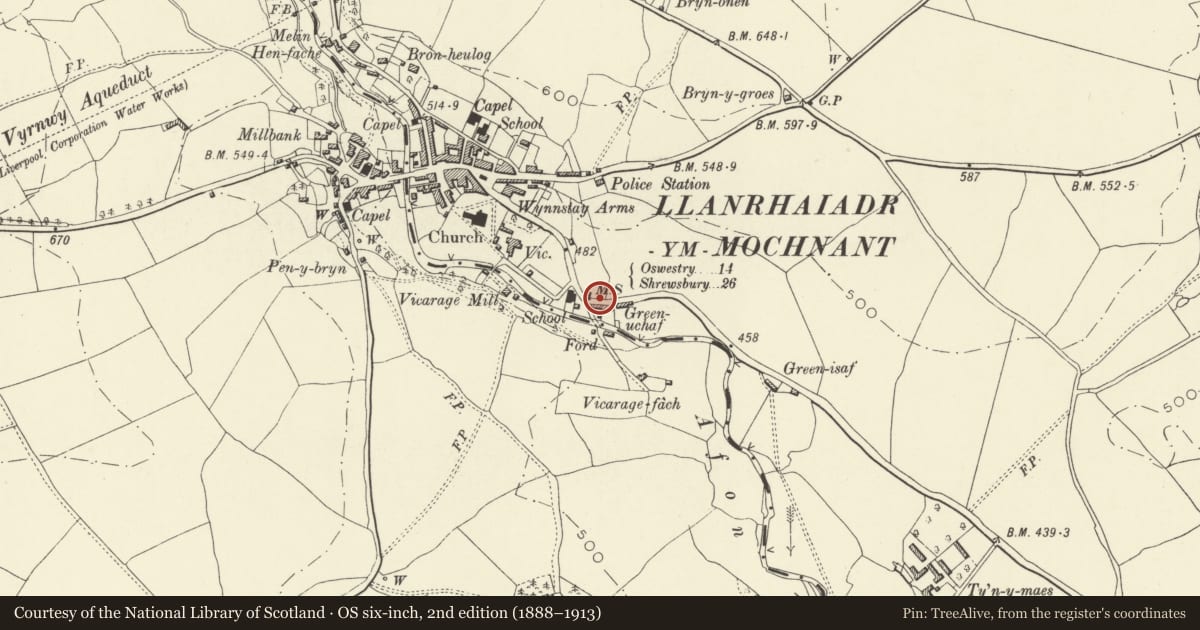 Ordnance Survey six-inch map, 2nd edition (1888–1913) covering the location of Milestone at Green Ucha, Llanrhaeadr-ym-Mochnant, Powys, with a pin at the register's coordinates